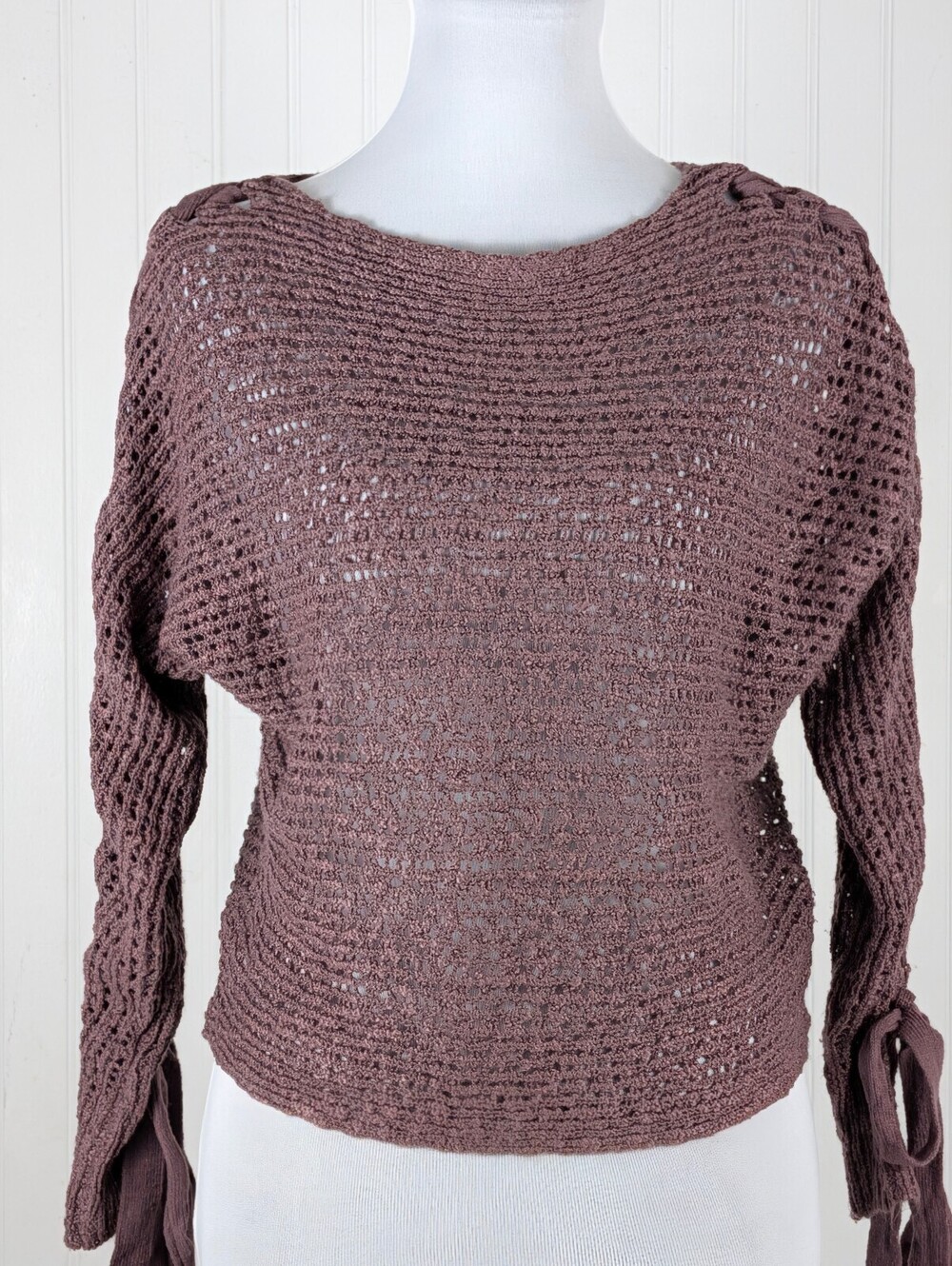 Rewind Boho Open Stitch Slouchy Sweater Tie Sleeve Dusty Mauve Medium